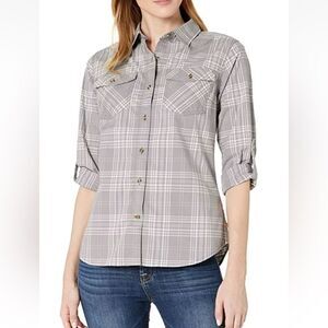 CARHARTT Woman Rugged Flex Button Plaid Shirt Cotton Stretch Long Tab Sz (8-10)